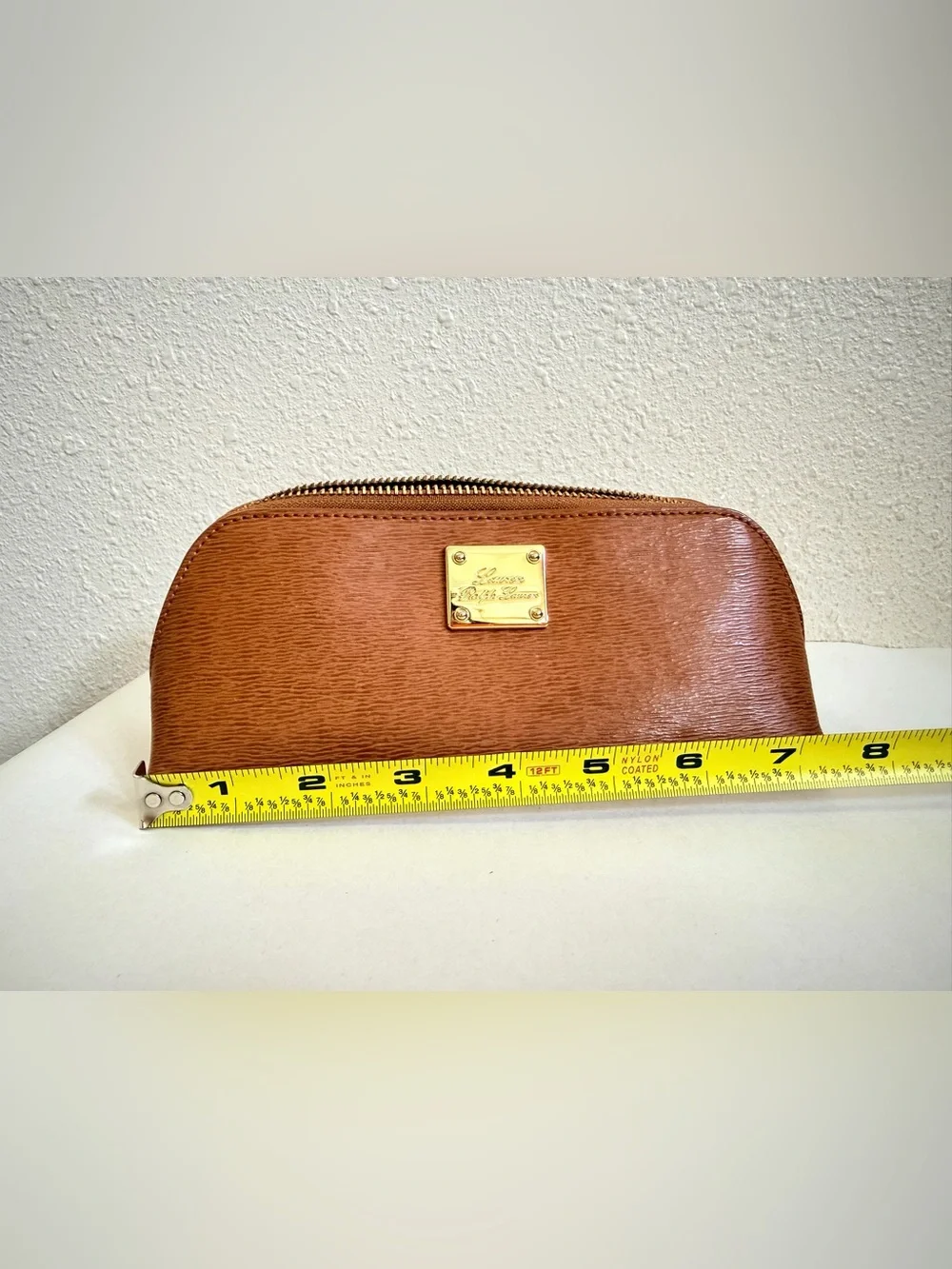 Lauren Ralph Lauren Brown Textured Makeup Cosmetic Pencil Case Gold Hardware